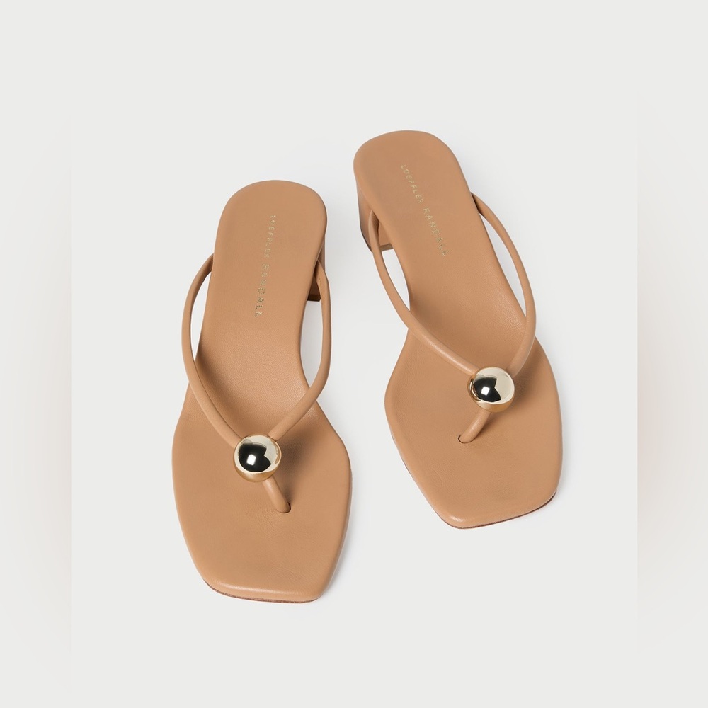 Loeffler Randall Tan Leather Toe-Post Sandals with Gold Dome - Picture 1 of 7